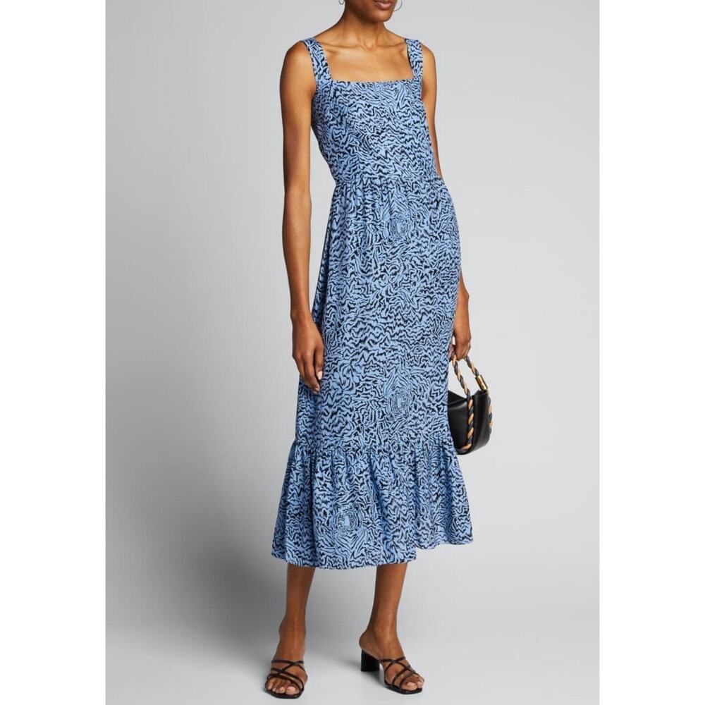HVN Olympia Blue Silk Tiger Print Midi Dress Size 2